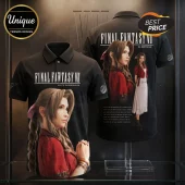 Final Fantasy VII Aerith Gainsborough black polo shirt featuring front and back graphic prints of the character.