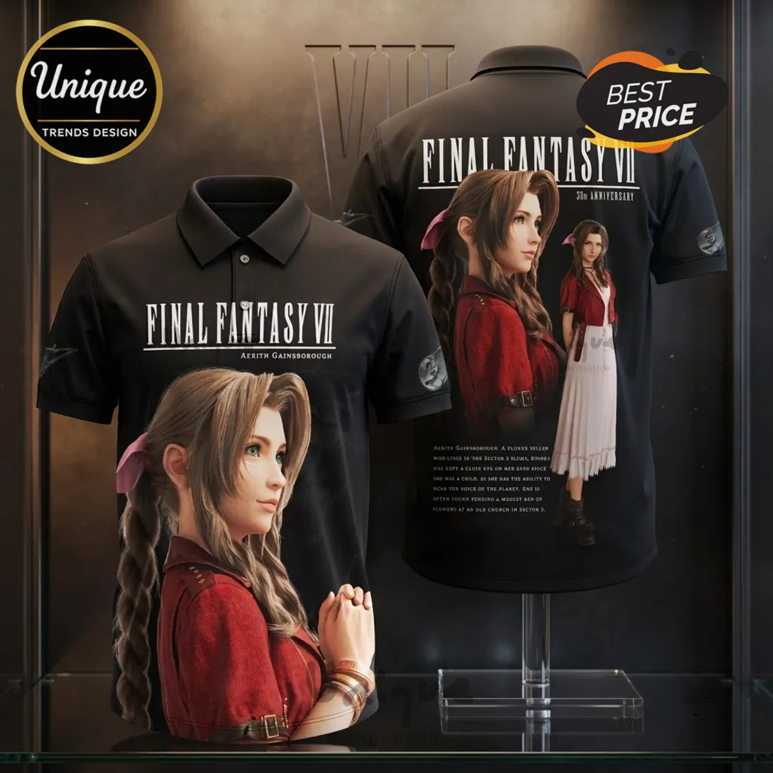 Final Fantasy VII Aerith Gainsborough Black Polo Shirt Final Fantasy VII Aerith Gainsborough Black Polo Shirt