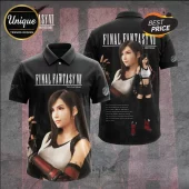 Final Fantasy VII Tifa Lockhart 30th Anniversary black polo shirt featuring character artwork and game logo on fabric.