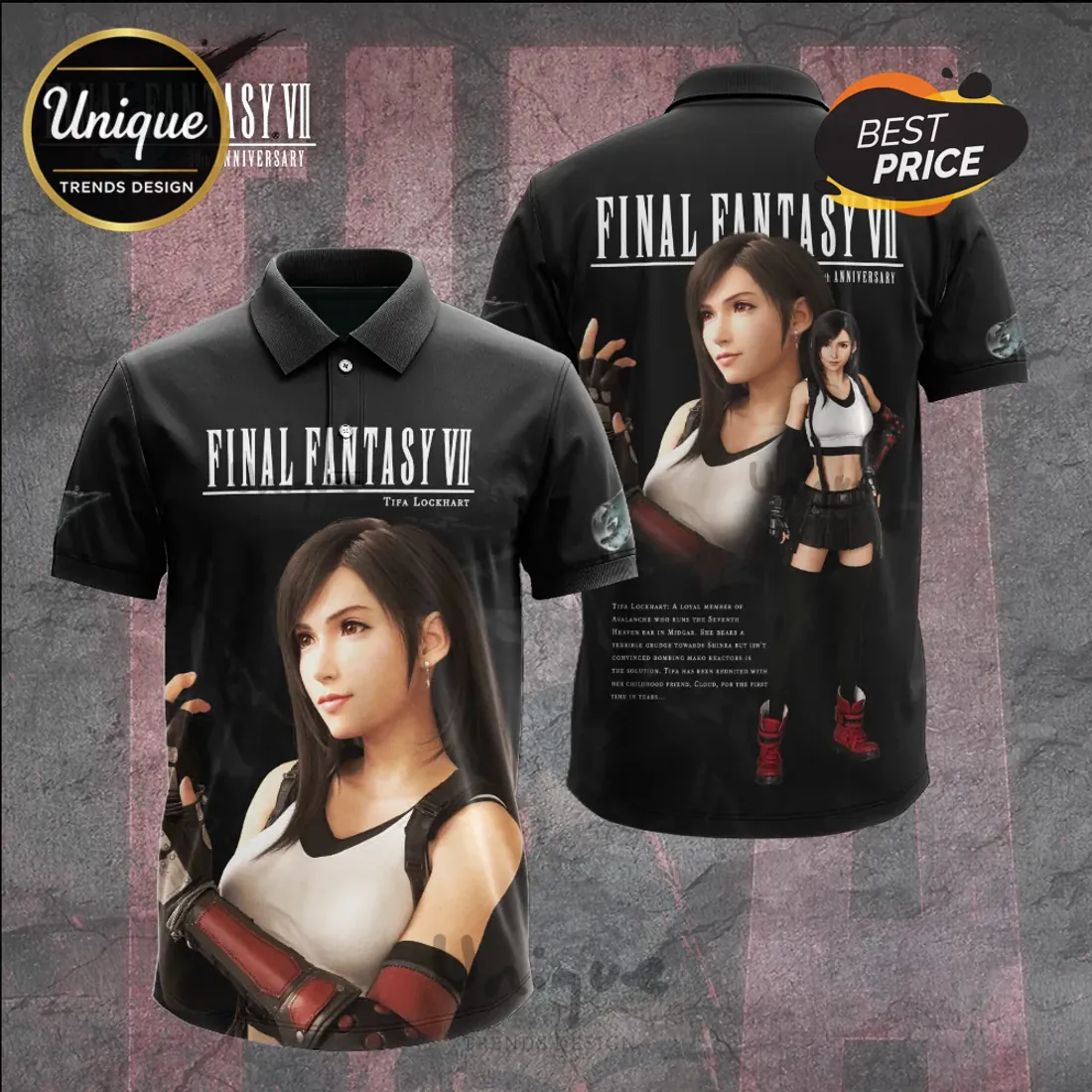Final Fantasy VII Tifa Lockhart 30th Anniversary Black Polo Shirt Final Fantasy VII Tifa Lockhart 30th Anniversary Black Polo Shirt