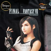 Final Fantasy VII Tifa Lockhart 30th Anniversary Black Polo Shirt featuring a printed portrait of Tifa on cotton fabric.