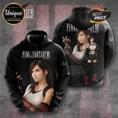 Final Fantasy VII Tifa Lockhart 30th Anniversary Hoodie in black with character graphics and white logo text.