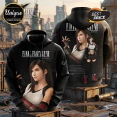 Final Fantasy VII Tifa Lockhart 30th Anniversary Hoodie in black featuring Tifa character graphics on front and back.