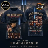 George Strait 9/11 Tribute Never Forgotten T-Shirt featuring a portrait of George Strait, American flags, and 343 graphics.