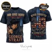 George Strait 9/11 Tribute Never Forgotten T-Shirt featuring a country singer, 343 graphic, and patriotic flag imagery.