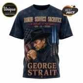 George Strait 9/11 Tribute Never Forgotten T-Shirt featuring a cowboy, American flag background, and Twin Towers design.