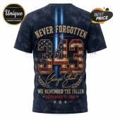 George Strait 9/11 Tribute Never Forgotten T-Shirt featuring 343 graphic, American flag pattern, and dark navy fabric.