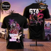 Grand Theft Auto VI Vice City Black T-Shirt with colorful character collage, neon palm tree graphics, and sports car print.