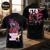 Grand Theft Auto VI Vice City Black T-Shirt featuring a vibrant front and back graphic print with palm trees and neon themes.