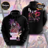 Grand Theft Auto VI Vice City black hoodie featuring vibrant character graphics, neon palm trees, and game logo typography.