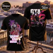 Grand Theft Auto VI Vice City Black T-Shirt featuring colorful character graphics, sunset palm trees, and game logos.