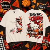 Hello Kitty x Doritos Turn Up The Crunch off-white T-shirt featuring front and back graphic prints with snack motifs.