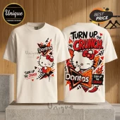 Hello Kitty x Doritos Turn Up The Crunch off-white T-shirt featuring front and back graphic prints with spicy snack motifs.