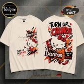 Hello Kitty x Doritos Turn Up The Crunch off-white T-shirt featuring front and back graphic prints with spicy snack themes.