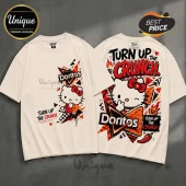 Hello Kitty x Doritos Turn Up The Crunch off-white t-shirt with front and back graphic prints featuring red chili accents.