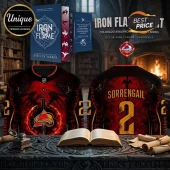 Iron Flame Book x Colorado Avalanche Red Hockey Jersey featuring dragon motifs, Sorrengail name, and the team logo.