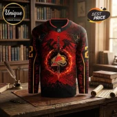 Iron Flame Book x Colorado Avalanche Red Hockey Jersey featuring dragon motifs, sword art, and team logo on library background.