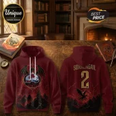 Iron Flame Colorado Avalanche burgundy hoodie featuring a dragon graphic, team logo, and back name print on a wooden desk.