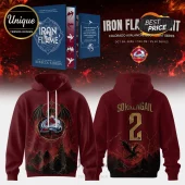 Iron Flame Colorado Avalanche burgundy hoodie featuring book cover art, Sorangail text, and dragon graphics on fabric.