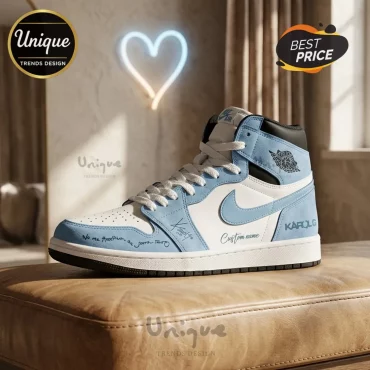 Karol G Custom Name Light Blue High Top AJ1 Sneakers
