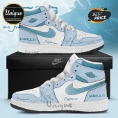 Karol G Custom Name Light Blue High Top AJ1 Sneakers featuring white leather, light blue overlays, and signature graphics.