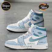 Karol G Custom Name Light Blue High Top AJ1 Sneakers featuring white leather panels and light blue accents with script text.