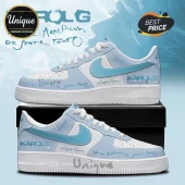 Karol G Light Blue Custom Name AF1 Sneakers featuring white soles, light blue overlays, and decorative song lyric text.