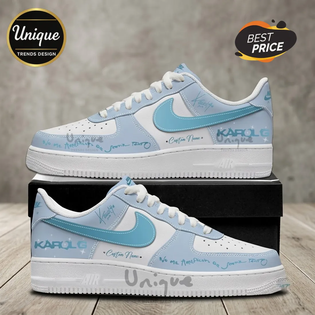 Karol G Light Blue Custom Name AF1 Sneakers Karol G Light Blue Custom Name AF1 Sneakers