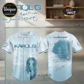 Karol G No Me Arrepiento De Sentir Tanto Blue Baseball Jersey featuring a front graphic and rear portrait in light blue.