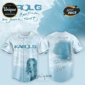 Karol G No Me Arrepiento De Sentir Tanto Blue Baseball Jersey featuring a front graphic and back text in soft blue tones.