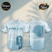 Karol G No Me Arrepiento De Sentir Tanto Blue Baseball Jersey featuring a graphic of the singer and blue sky motif.