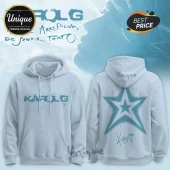 Karol G Tropitour 2026 light blue star hoodie featuring front chest logo and a large back star graphic with signature.