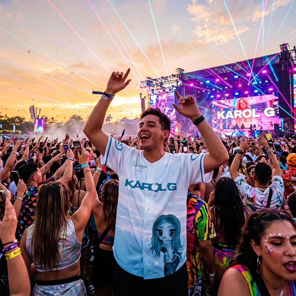 ecstatic fan wearing the karol g no me arrepiento de sentir tanto blue baseball jersey dancing in the crowd of a latin pop music festival