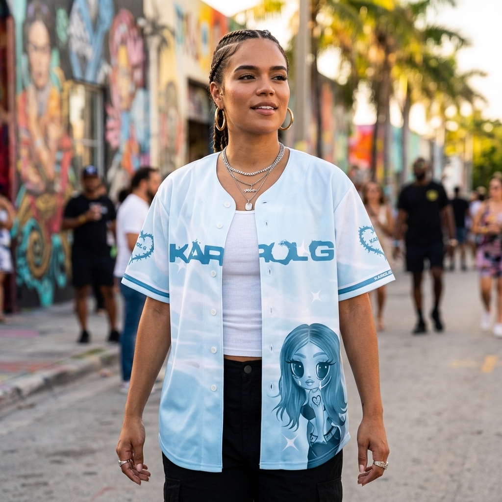 stylish individual wearing the karol g no me arrepiento de sentir tanto blue baseball jersey open over a white tank top on a sunny street