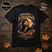 Kenny Loggins Halloween Raven Gothic T-Shirt featuring a portrait, pumpkins, a castle, and text on a black cotton tee.