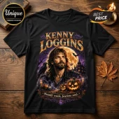 Kenny Loggins Halloween Raven Gothic T-Shirt featuring a musician portrait, jack-o'-lanterns, and a full moon on black cotton.