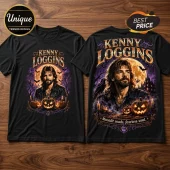 Kenny Loggins Raven Manor Black T-Shirt featuring a gothic portrait, pumpkins, a haunted mansion, and moonlit backdrop.