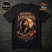 Kenny Loggins Raven Manor black T-shirt featuring a portrait with a raven, full moon, haunted mansion, and jack-o'-lanterns.