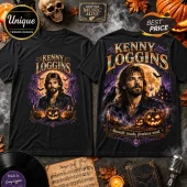 Kenny Loggins Raven Manor black t-shirt featuring a portrait of the artist, a gothic mansion, pumpkins, and a raven.