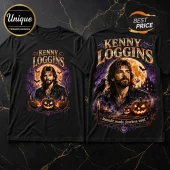 Kenny Loggins Raven Manor Black T-Shirt with gothic pumpkin, crow, haunted mansion, and full moon graphic illustration.