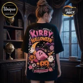 Kirby Halloween Spooky Night T-Shirt featuring a black tee with a witch Kirby, pumpkins, ghosts, and crescent moon graphic.