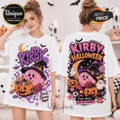 Kirby Halloween Spooky Night T-Shirt featuring a pink character wearing a witch hat, surrounded by pumpkins and ghosts.