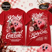 Kirby x Coca-Cola Soda Theme T-Shirt in red featuring front and back graphic prints of Kirby holding a glass soda bottle.