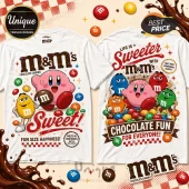 Kirby x M&Ms Sweet Chocolate White T-Shirt featuring Kirby surrounded by colorful M&M characters on a white fabric base.