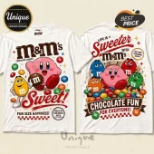 Kirby x M&Ms Sweet Chocolate White T-Shirt featuring Kirby surrounded by colorful M&Ms characters on a white cotton base.