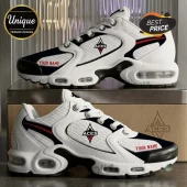 Las Vegas Aces Personalized White Air Max Plus Sneakers featuring team logos and custom text on a white and black mesh base.