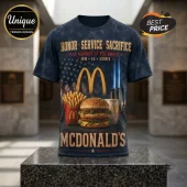 McDonald's 9/11 Tribute 343 Fallen Heroes T-Shirt with American flag, burger, fries, and twin towers graphic on dark blue.