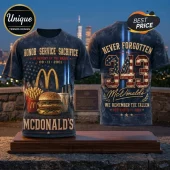 McDonald's 9/11 Tribute 343 Fallen Heroes T-Shirt showing American flag imagery, burger graphics, and memorial text.