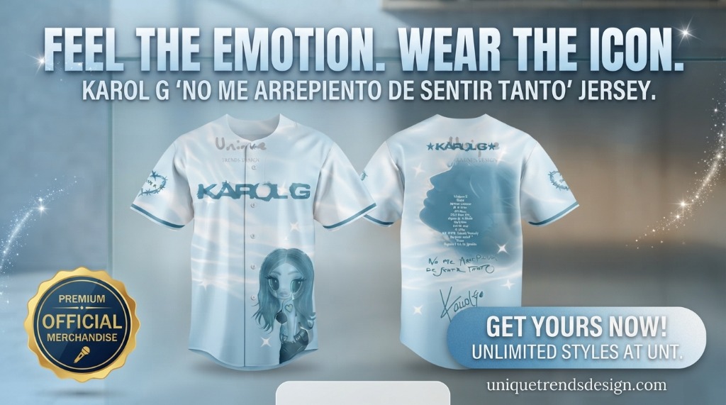 ecstatic fan wearing the karol g no me arrepiento de sentir tanto blue baseball jersey at a latin pop music festival