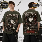 Megadeth Snoopy Thrash Metal T-Shirt in olive green featuring Snoopy playing a guitar with lightning and skull graphics.
